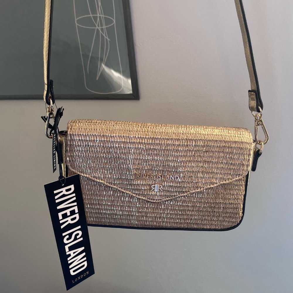 River Island gold rafia crossbody purse NWT